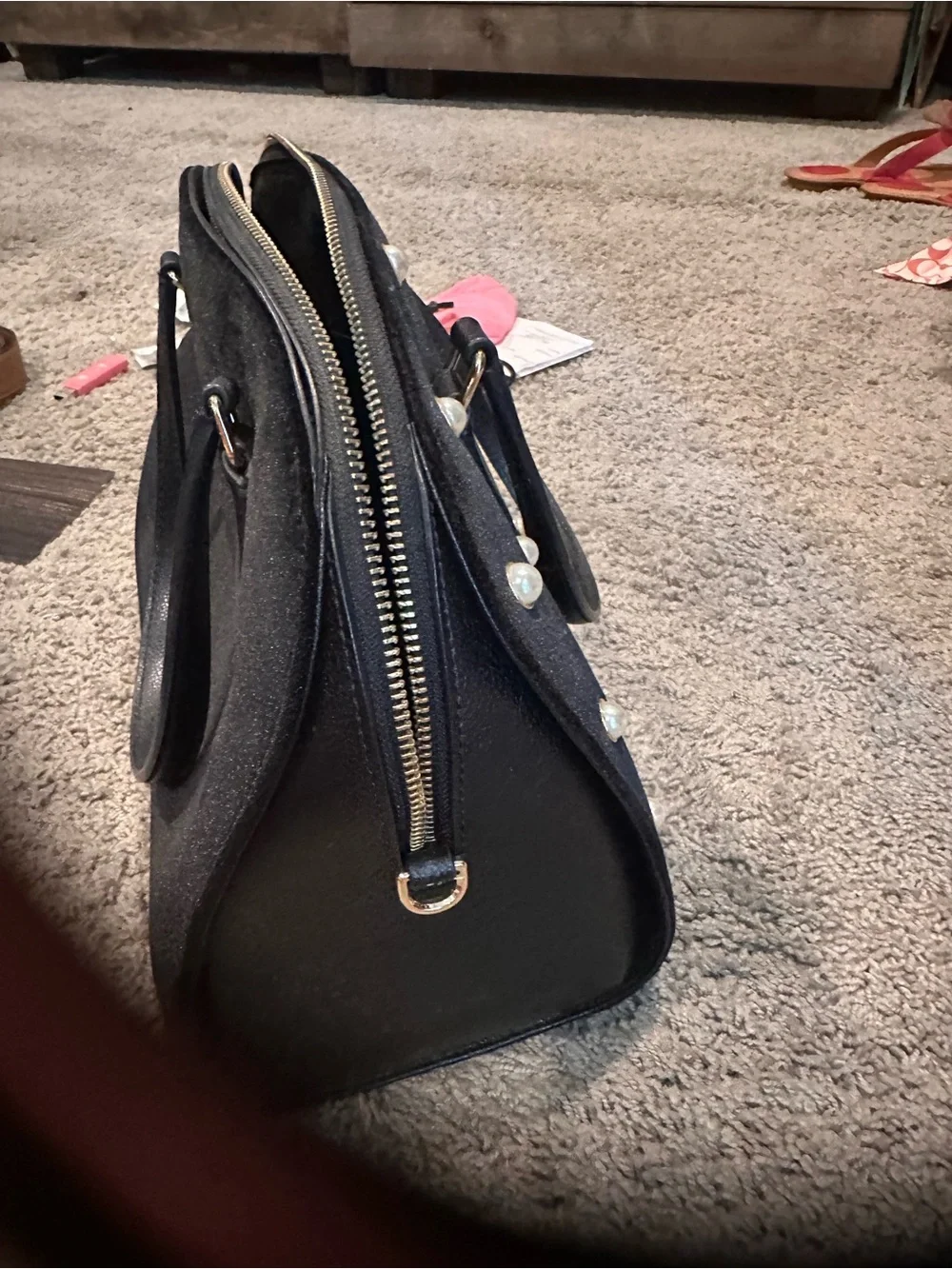kate spade Black Suede Pearl-Studded Satchel
